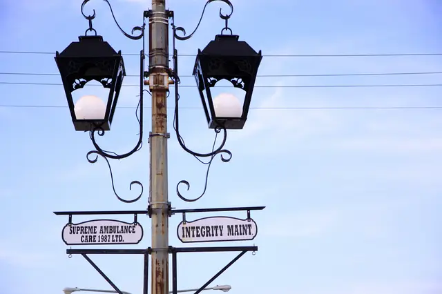 Decorative street lamp with business signs in Carlyle